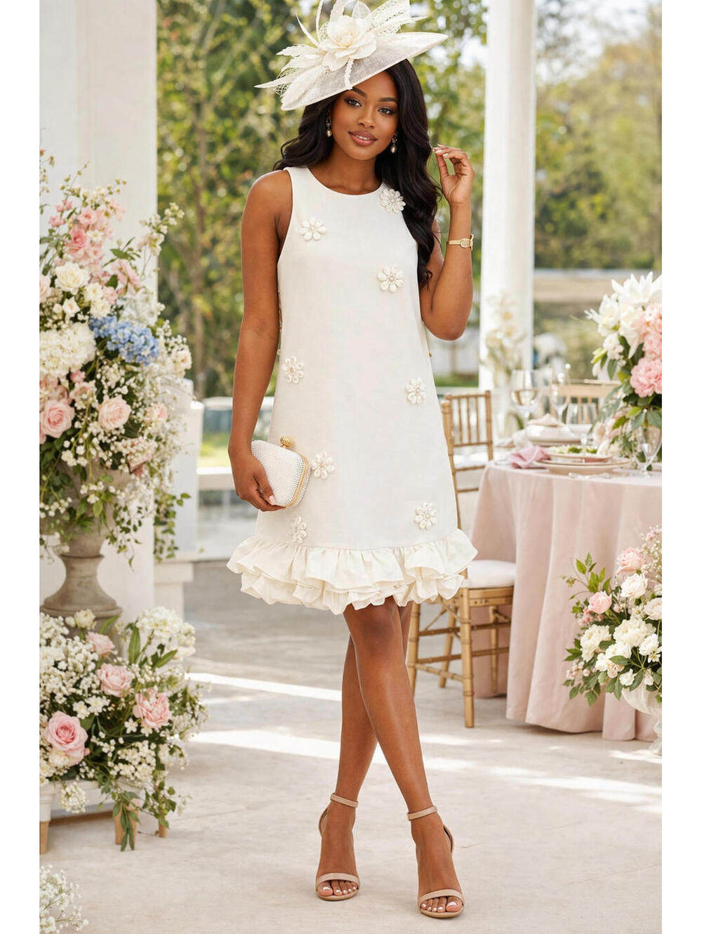 CeCe Ivory Floral Appliqué Mini Dress Ruffle Hem Sleeveless Size S NWT Bridal Sh